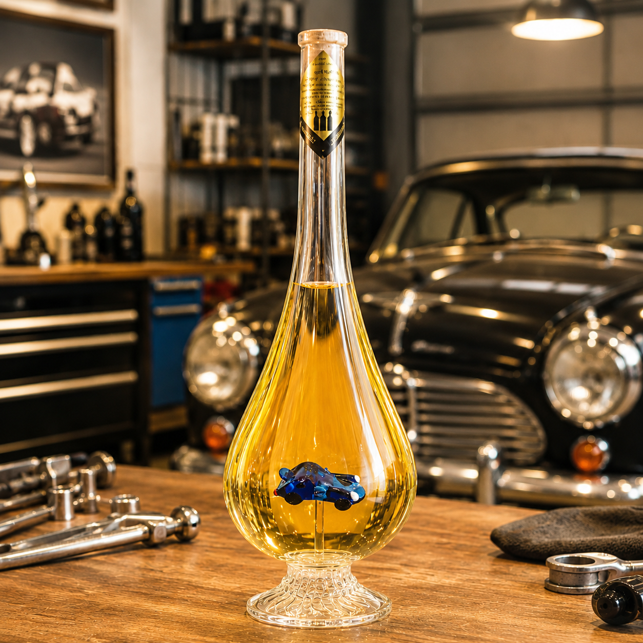 Dekoratívna fľaša v tvare kvapky s autom Porsche vo vnútri (0,5 l)
